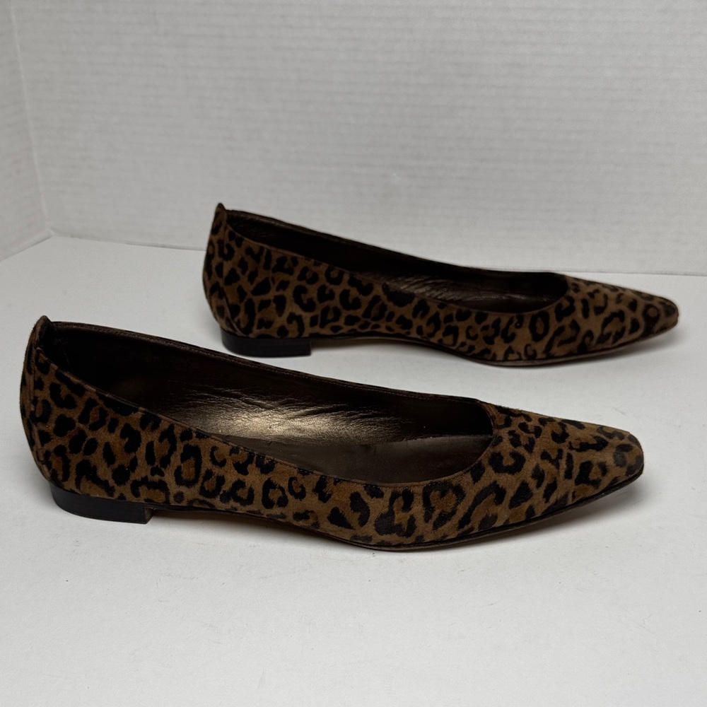 MANOLO BLAHNIK Squared Pointed Toe Leopard Animal Print Suede Ballet Flats 39.5‎